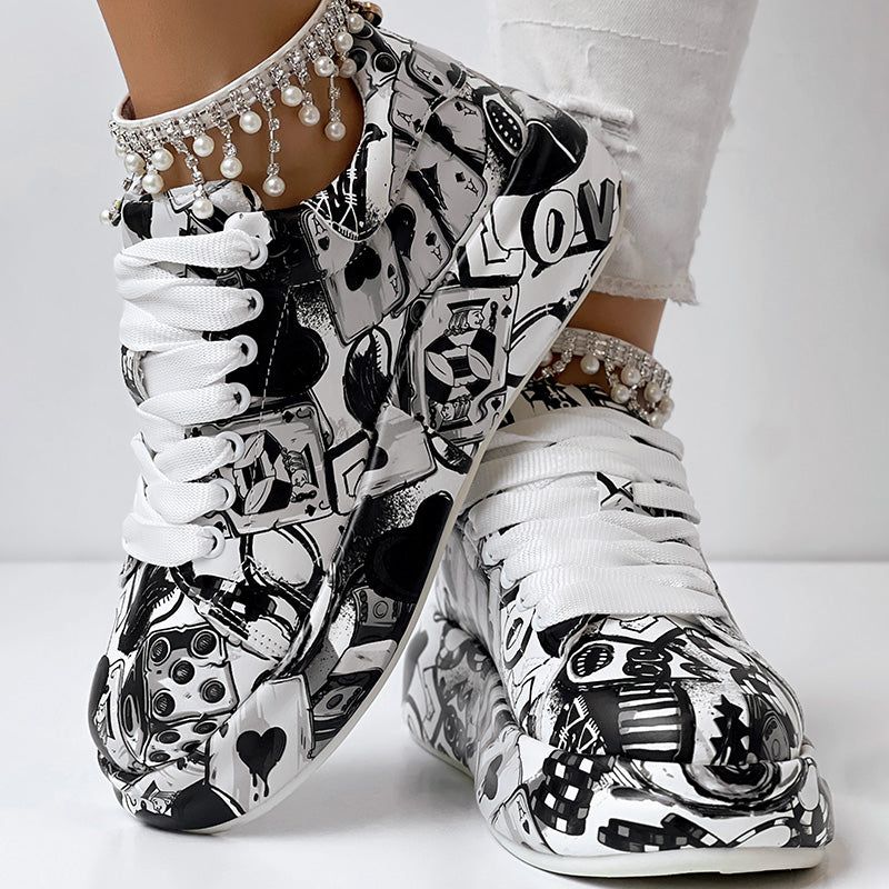 Geometric Print Sneakers With Lace Up Low Top Design