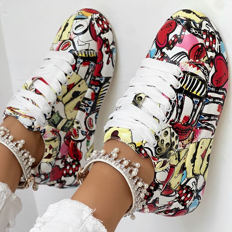 Casual Lace Up Sneakers with Thick Sole and Print Design