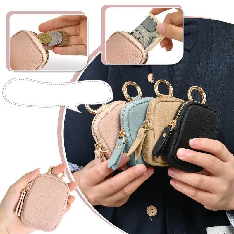 Mini Leather Wallet Coin Purse With Zipper Keychain