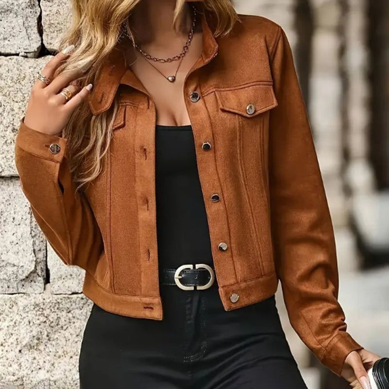 Womens Faux Suede Cropped Jacket with Stand Collar