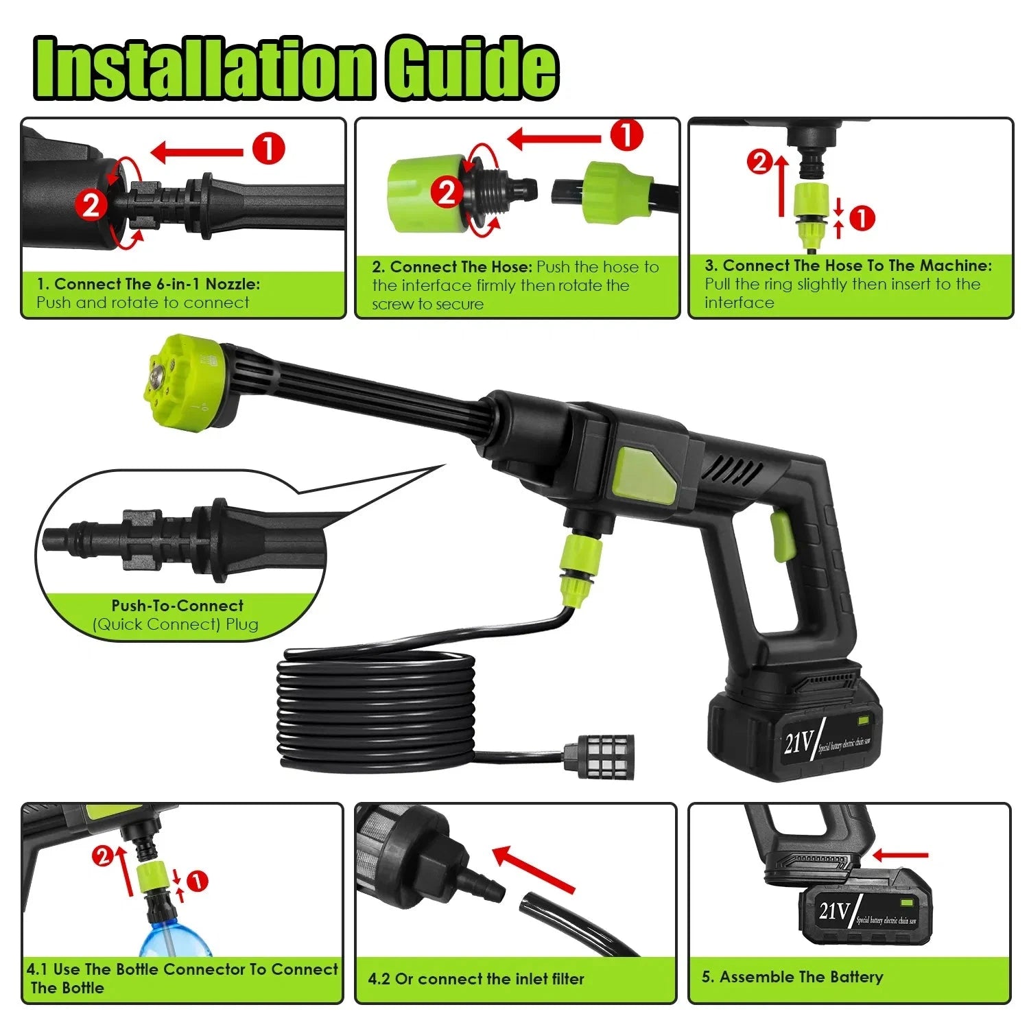 Portable Cordless Pressure Washer 21V with 6 in 1 Nozzle