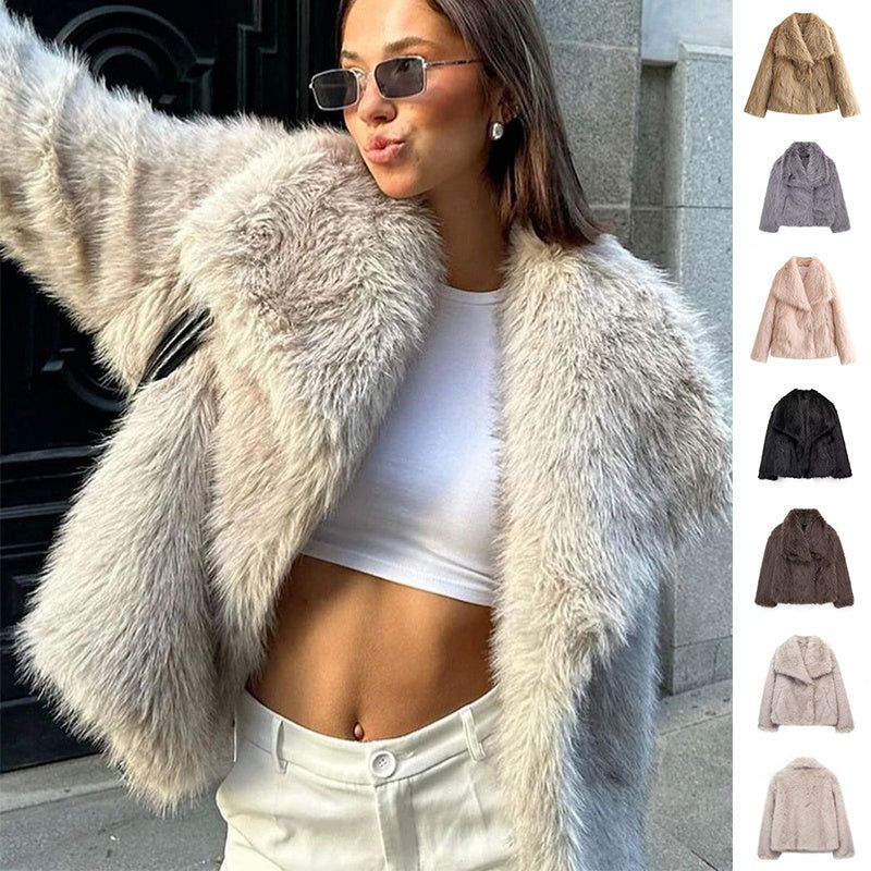 Women’s Winter Plush Coat Warm Thick Fluffy Lapel Jacket Long Sleeve Casual Outerwear