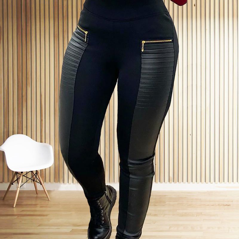 Plus Size High Waist Pants with Faux Leather Panels