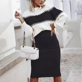 Two Piece Set Knit Color Block Sweater Skirt Winter Formal