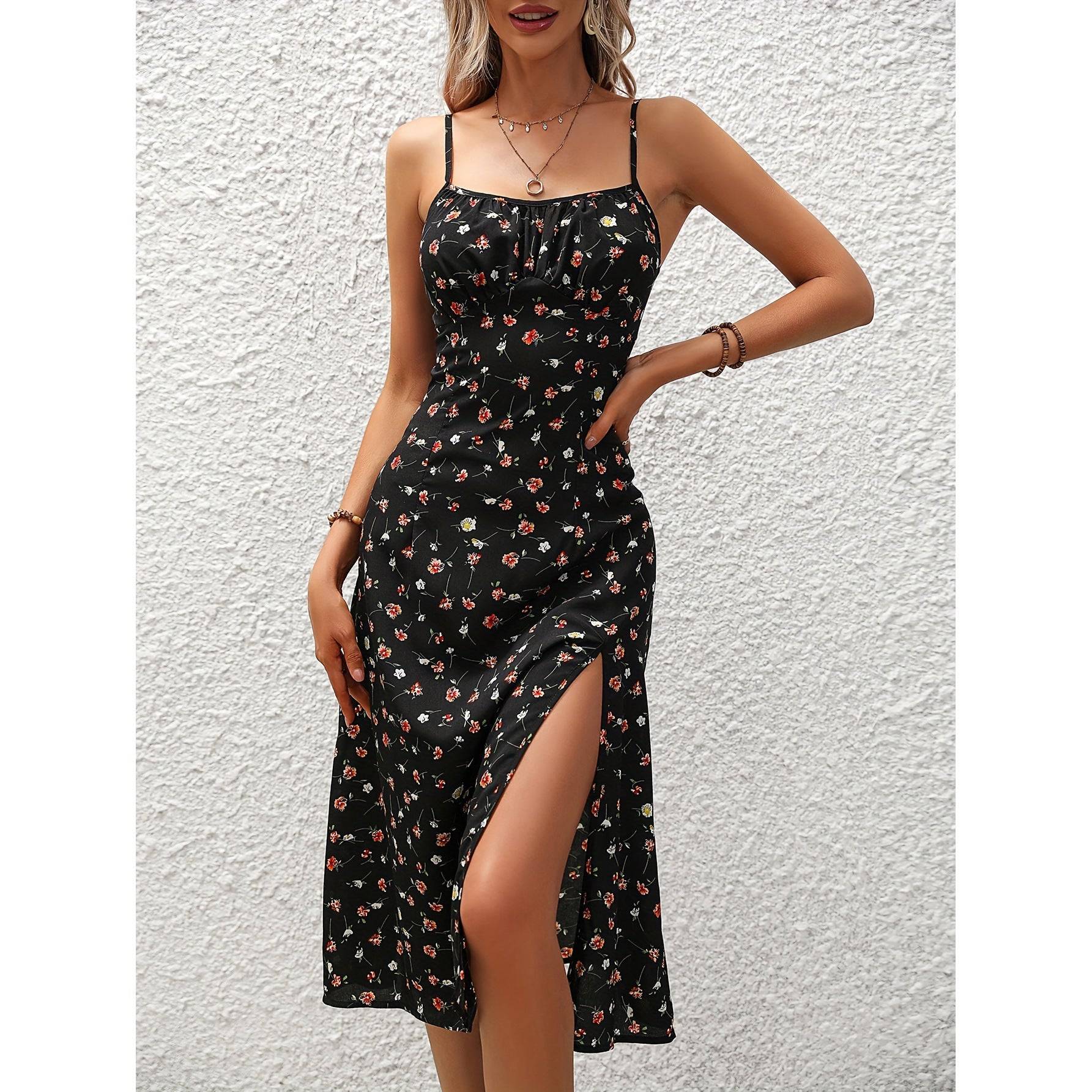 Womens Polka Dot Suspender Dress Summer Long Split Hem