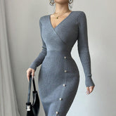 French Knit Bodycon Dress High Waist Long Sleeve Midi