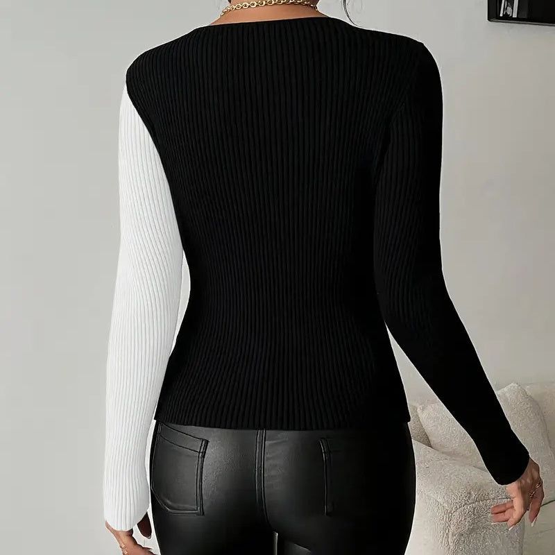 Sweater V Neck Cross Front Color Block Knit Top Women