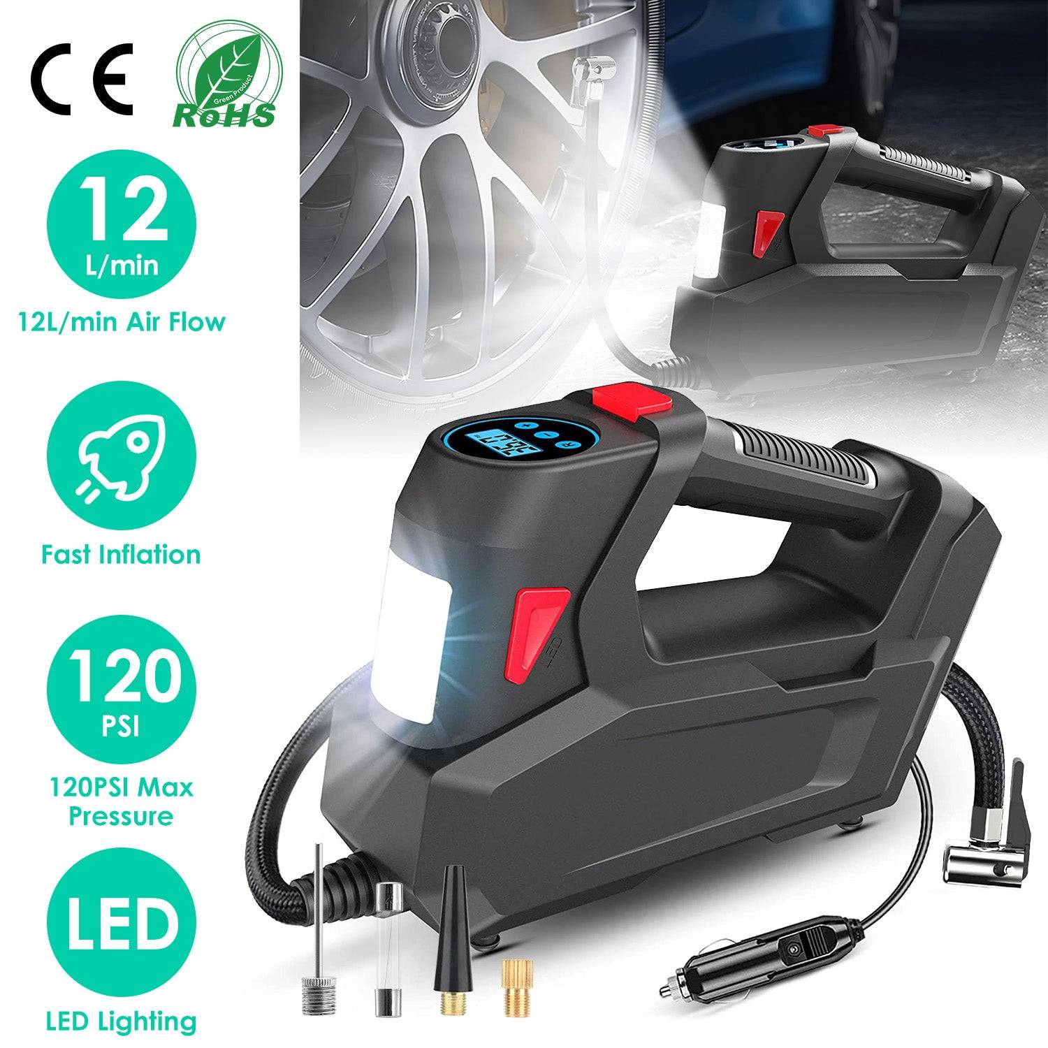 Portable Tire Inflator with Digital Display and LED Light