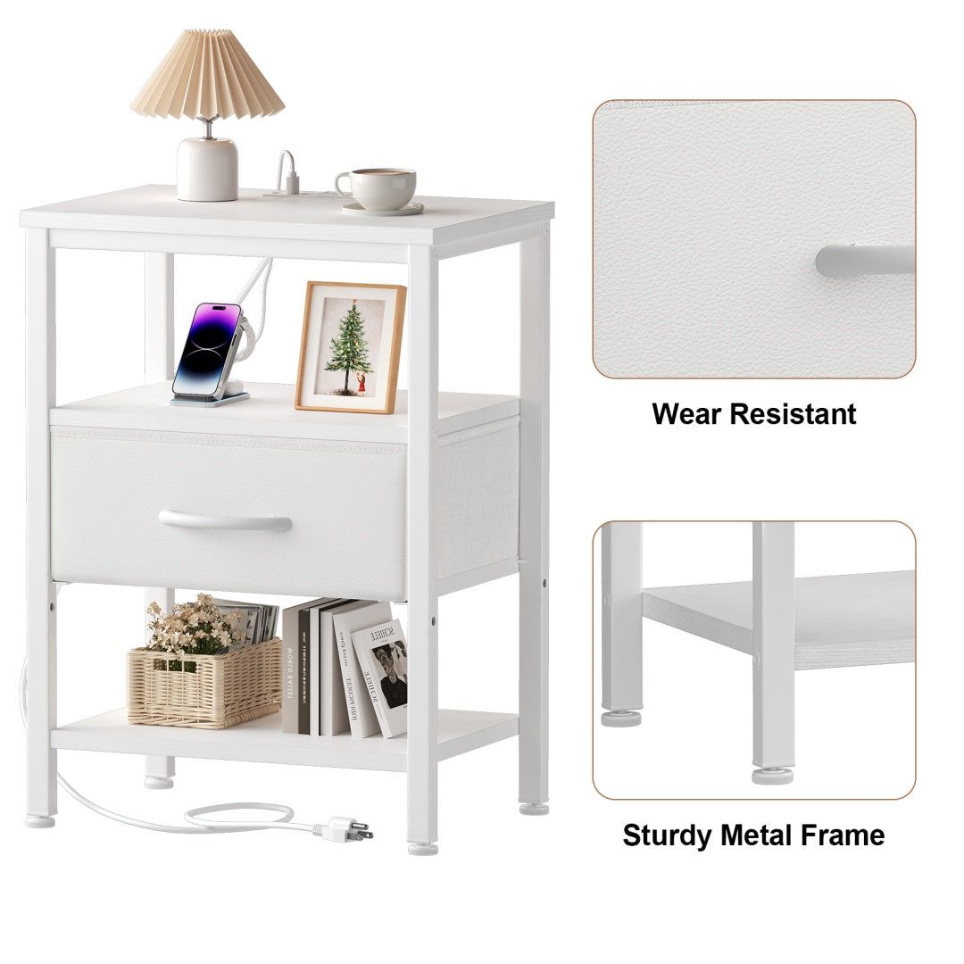 White Bedside Table With Charging Station And Storage