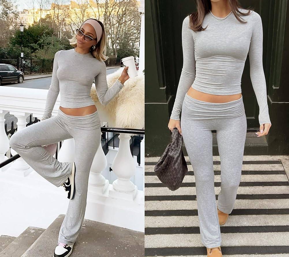 Womens Two Piece Set Long Sleeve Top High Waist Pants