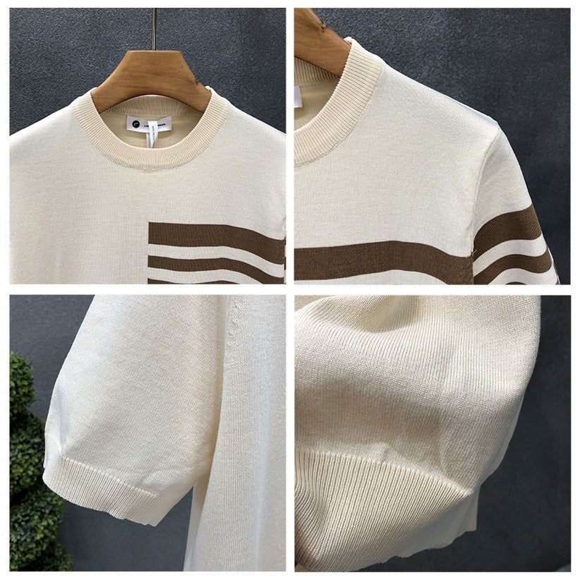 Men Round Neck Striped Shirt Loose Fit Cotton Blend Tee