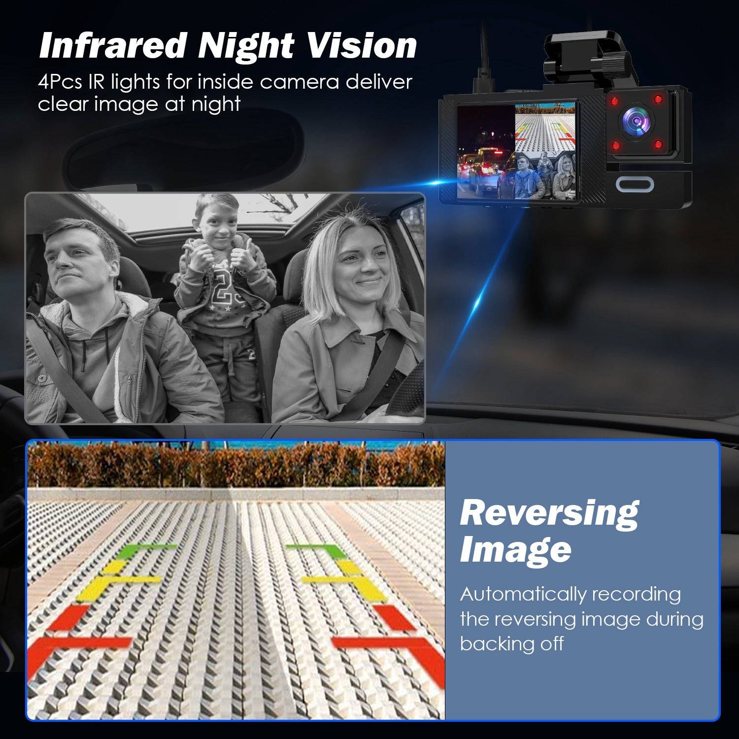 3 Channel Dash Cam 1080P WiFi with 64GB Card