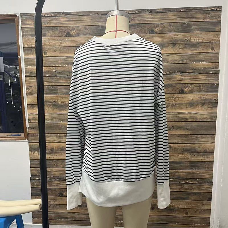 Striped Long Sleeve Sweatshirts with Side Slit Design