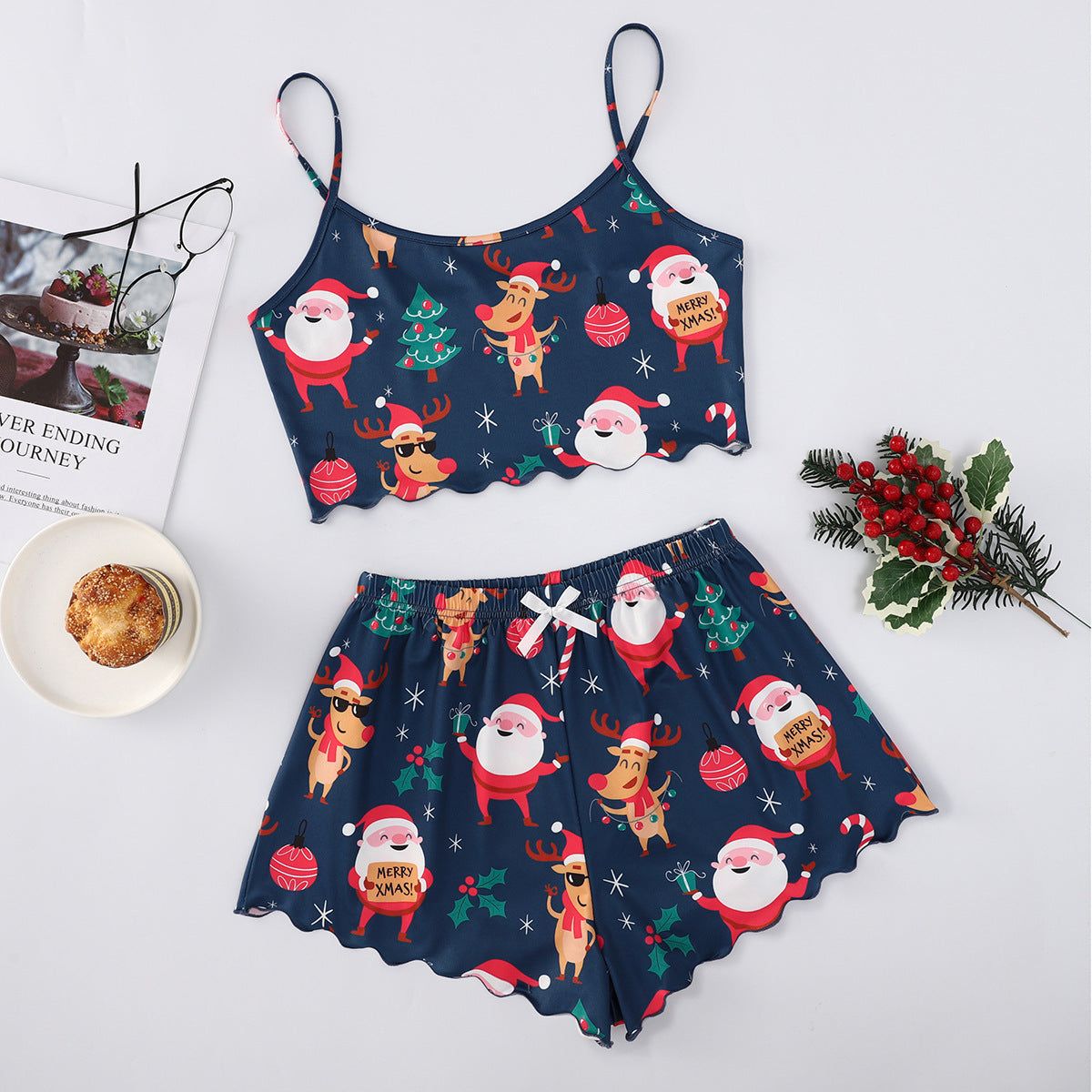 Pajama Set Christmas Women Sleeveless Top and Shorts