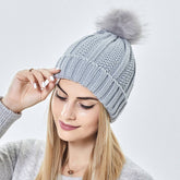 Womens Winter Hat Satin Lined Knit Beanie with Fur Pom