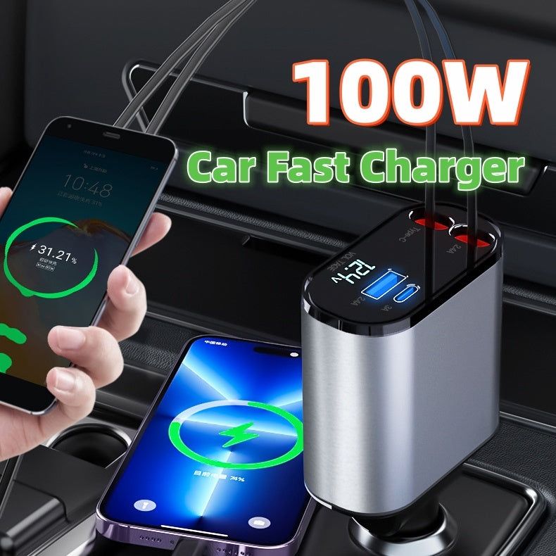 Retractable Car Charger 86W with USB C USB A Voltage Display