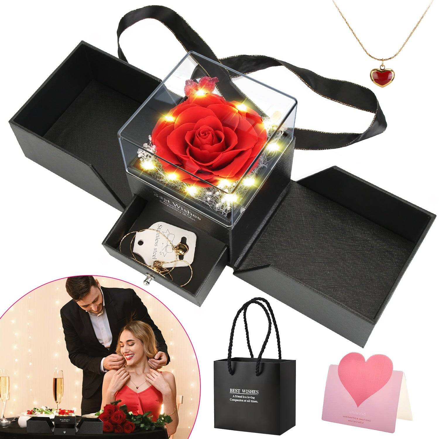 Preserved Rose Heart Necklace Gift Box