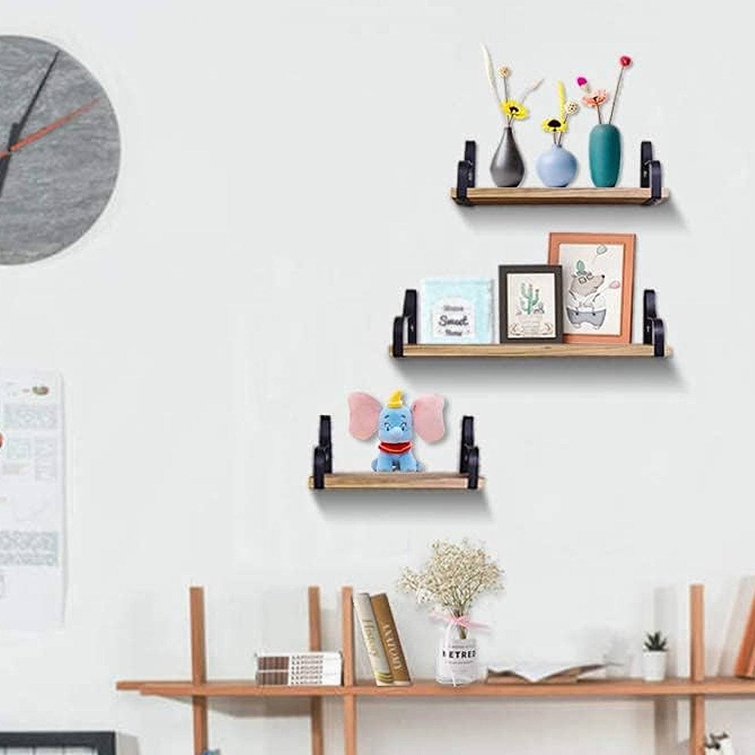 Wooden Floating Shelves with Iron Wall Brackets Set