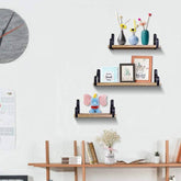 Wooden Floating Shelves with Iron Wall Brackets Set