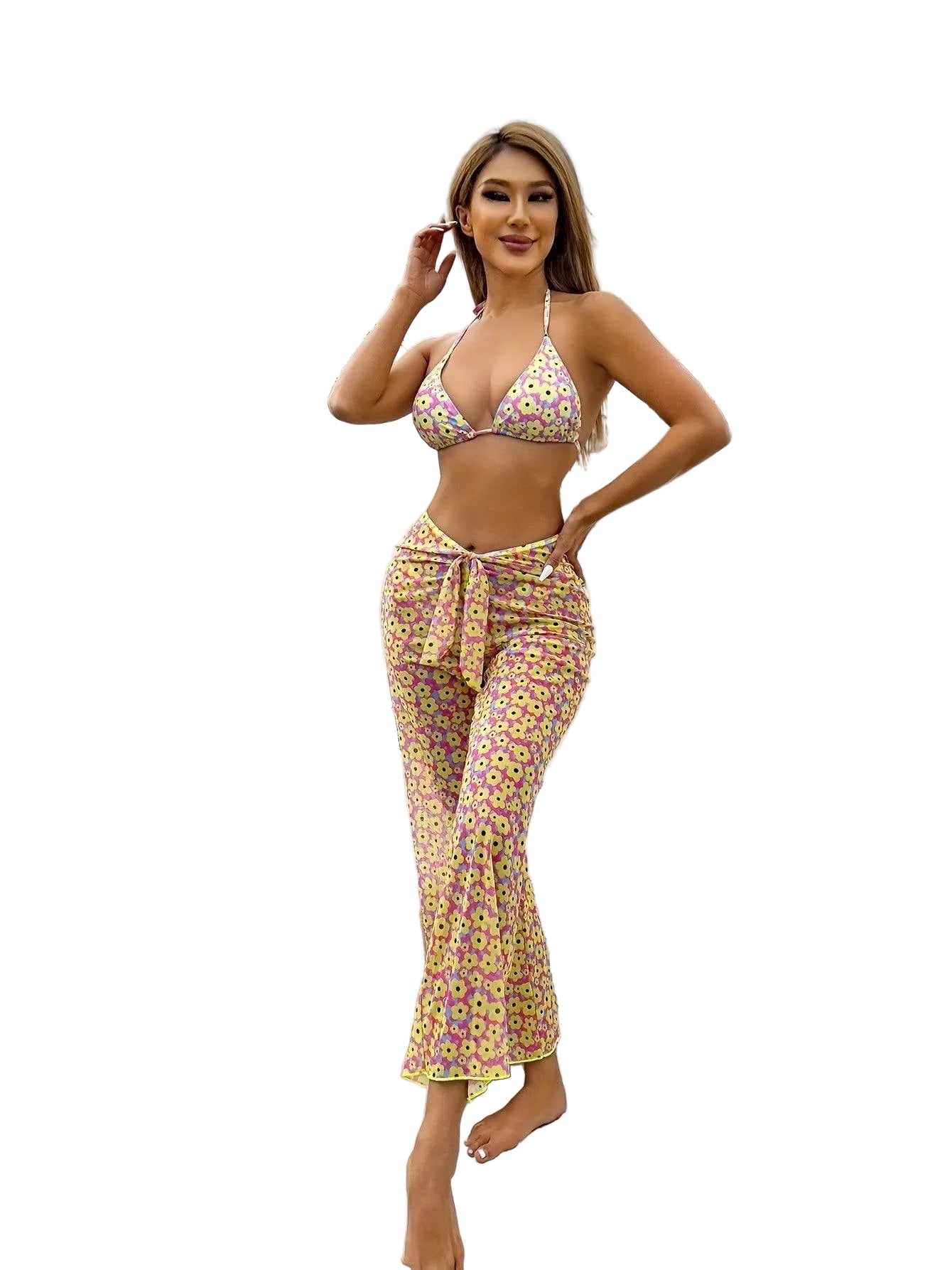 Women Bikini Set Three Piece Floral Print V Triangle