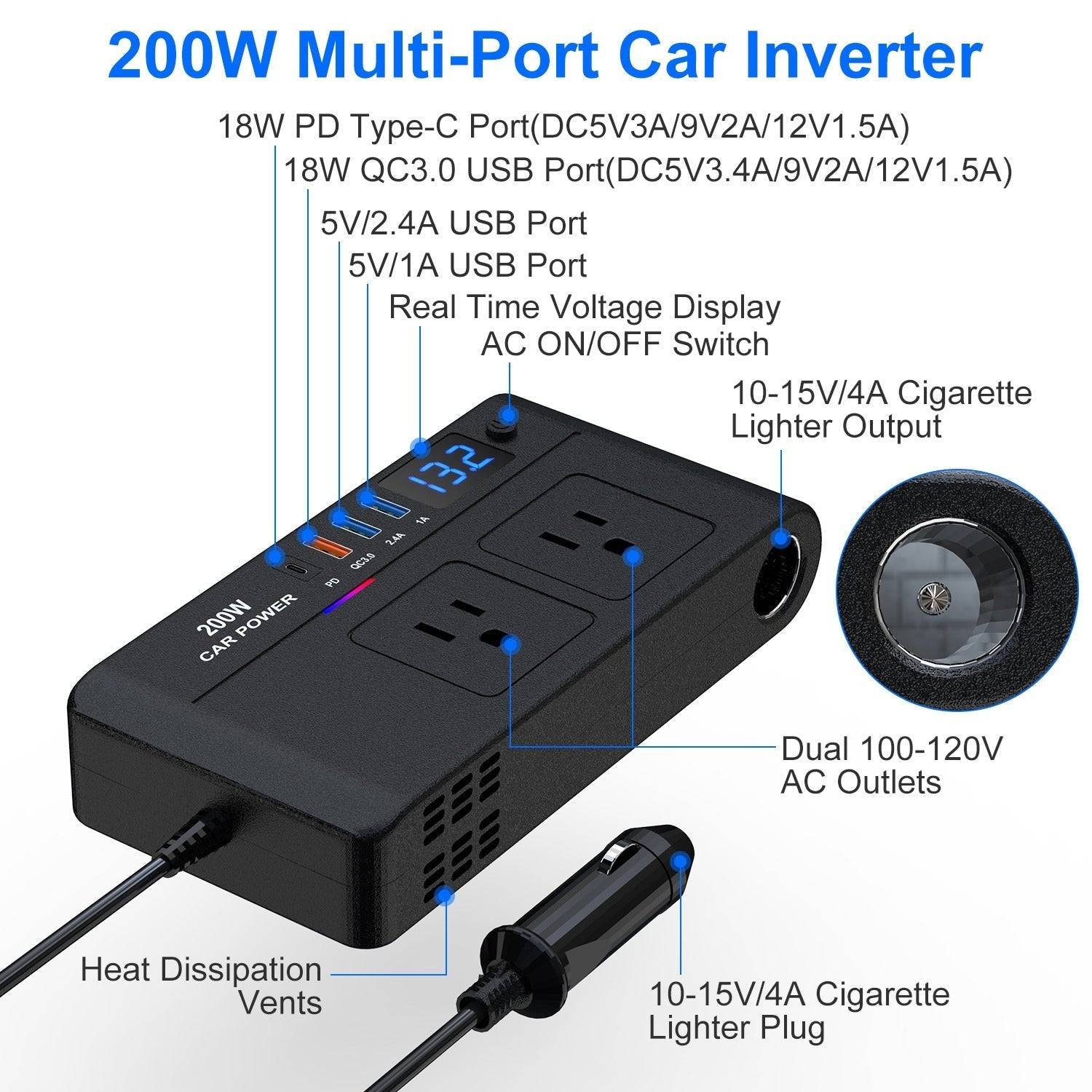 200W Car Inverter with AC Outlets and Fast Charging Ports