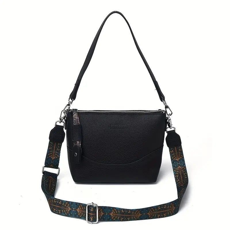 PU Crossbody Bag With Ethnic Embroidery And Zipper