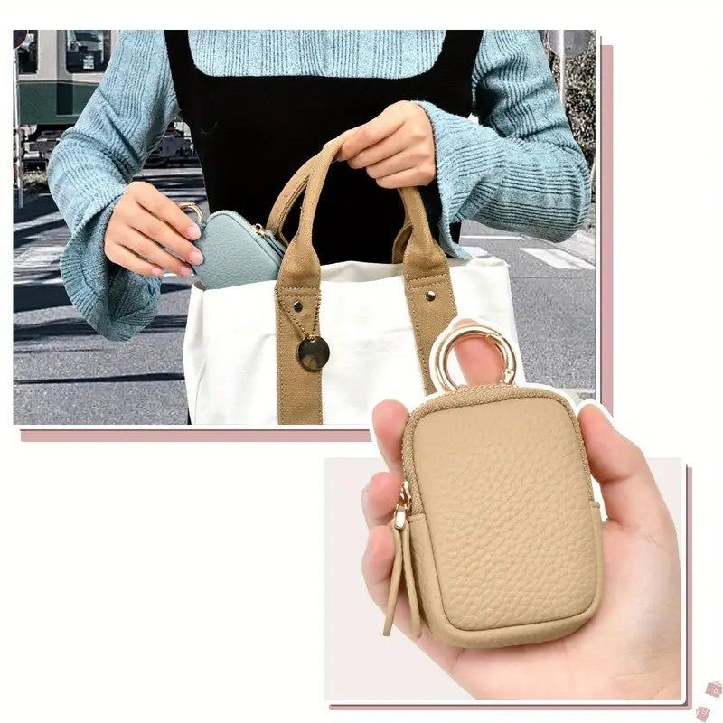 Mini Leather Wallet Coin Purse With Zipper Keychain