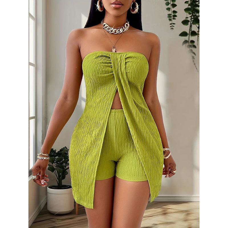 Two Piece Set Strapless Tube Top and High Waist Shorts