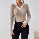 Womens Fitted V Lapel Long Sleeve Pullover Sweater Apricot