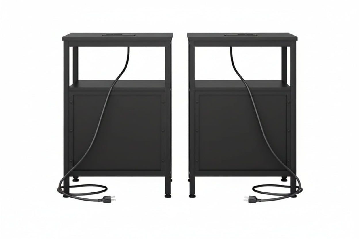 Bedside Table with Charging Station and Fabric Drawers