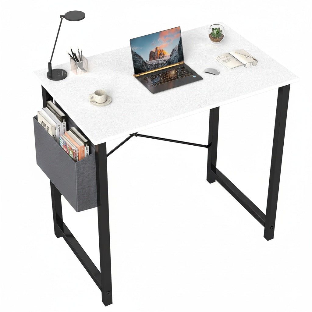 Steel Frame Computer Desk With Wood Top Storage Bag And Hook
