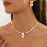 Gold Heart Pearl Jewelry Set Necklace and Earrings