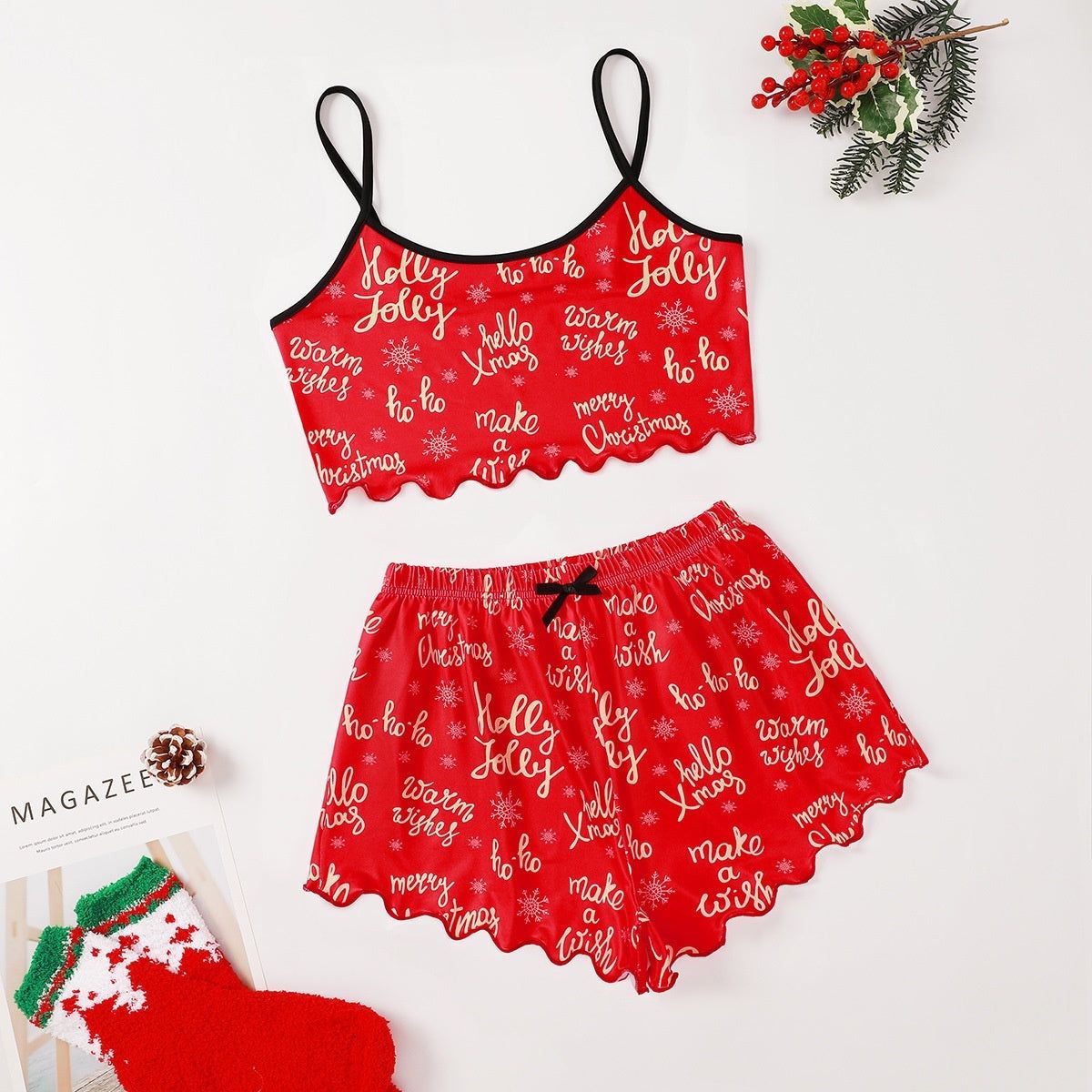 Pajama Set Christmas Women Sleeveless Top and Shorts
