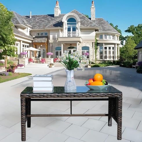 Coffee Table Rattan Outdoor with Tempered Glass