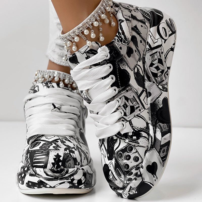 Geometric Print Sneakers With Lace Up Low Top Design