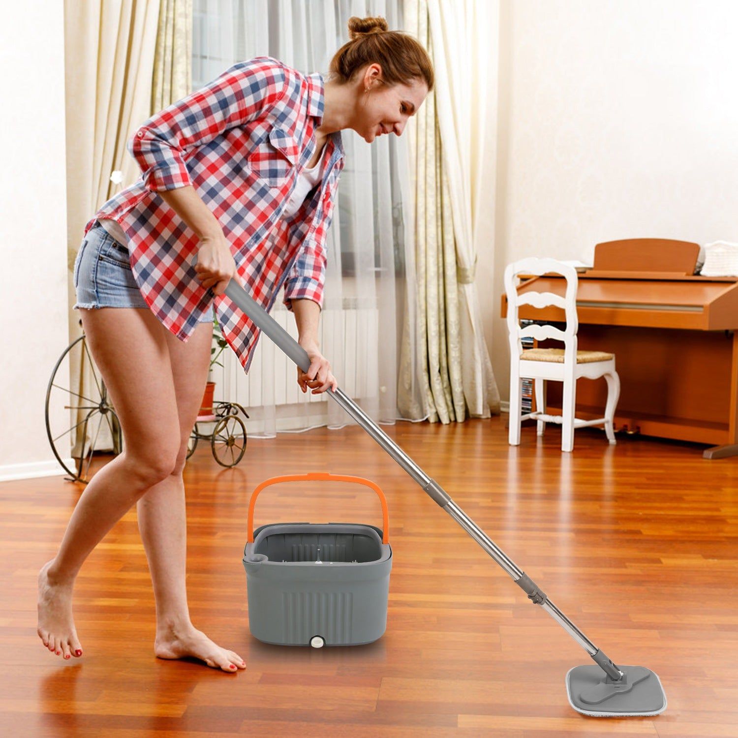 Spin Mop with Dual Compartment Bucket and Microfiber Pads