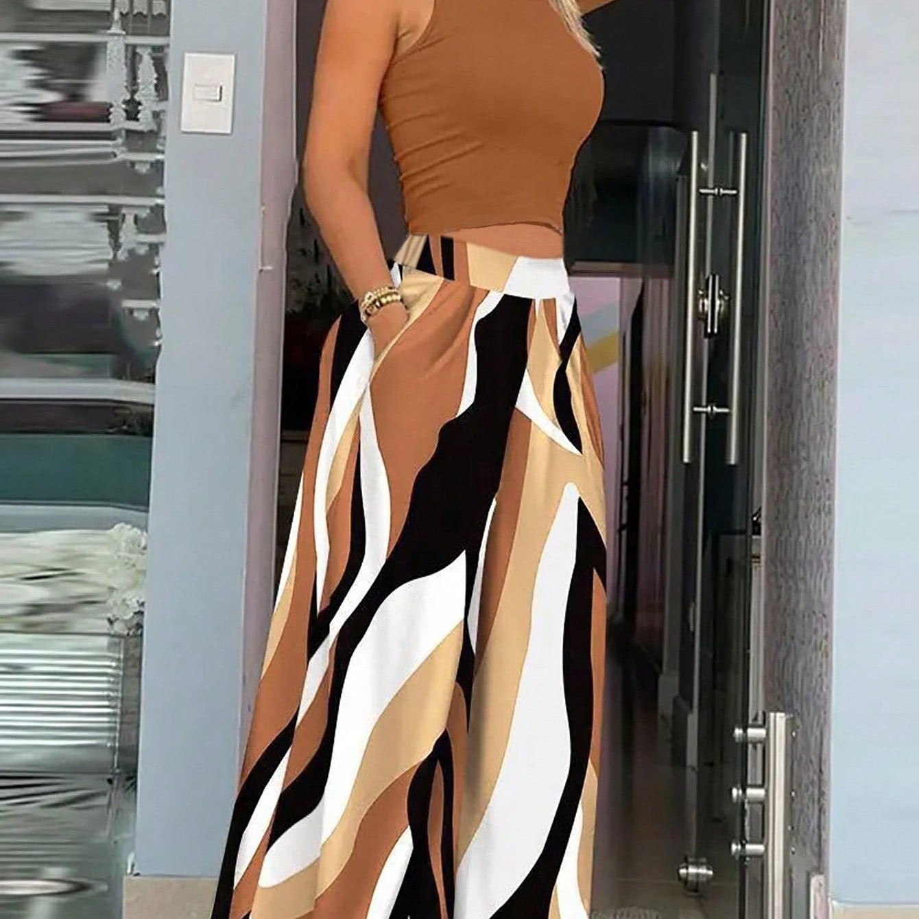 Two Piece Set Woven Round Neck Blouse and Drawstring Pants