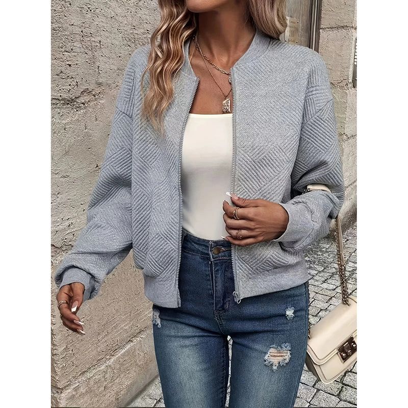 Womens Bomber Jacket With Stand Collar And Zip Closure