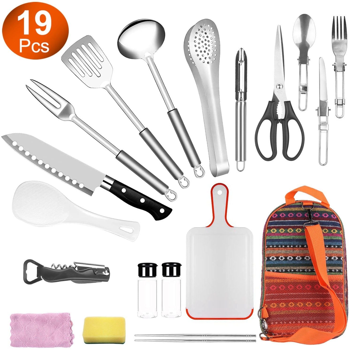 19 Piece Stainless Steel Cookware Camping Utensil Kit