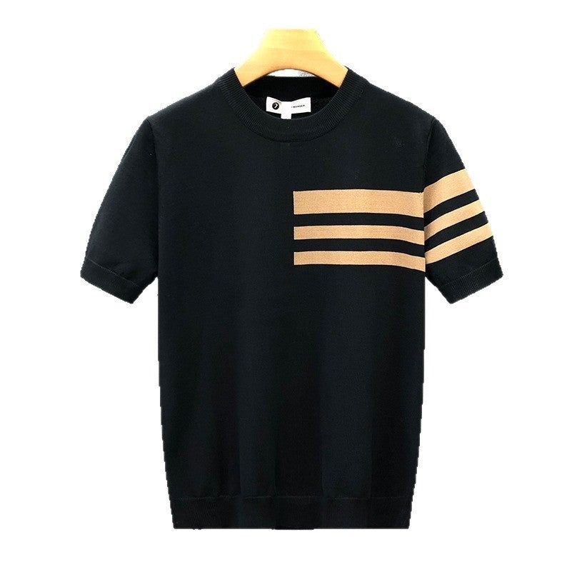 Men Round Neck Striped Shirt Loose Fit Cotton Blend Tee