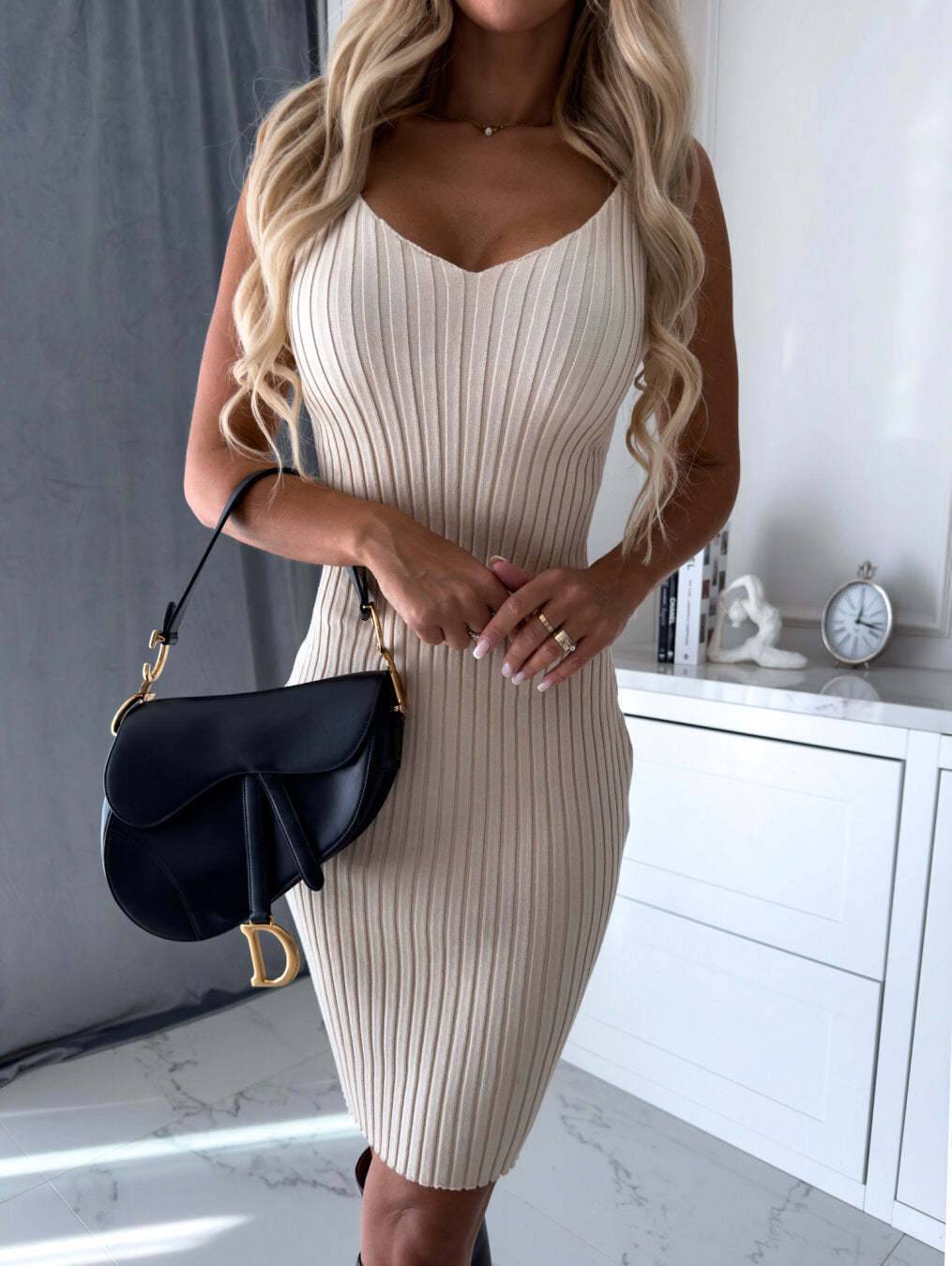 Two Piece Set Long Sleeve Top and Suspender Midi Skirt