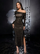 Women’s Long Sleeve Slim Fit Mesh Dress Oblique Shoulder Grid Stitching Elegant Evening Outfit