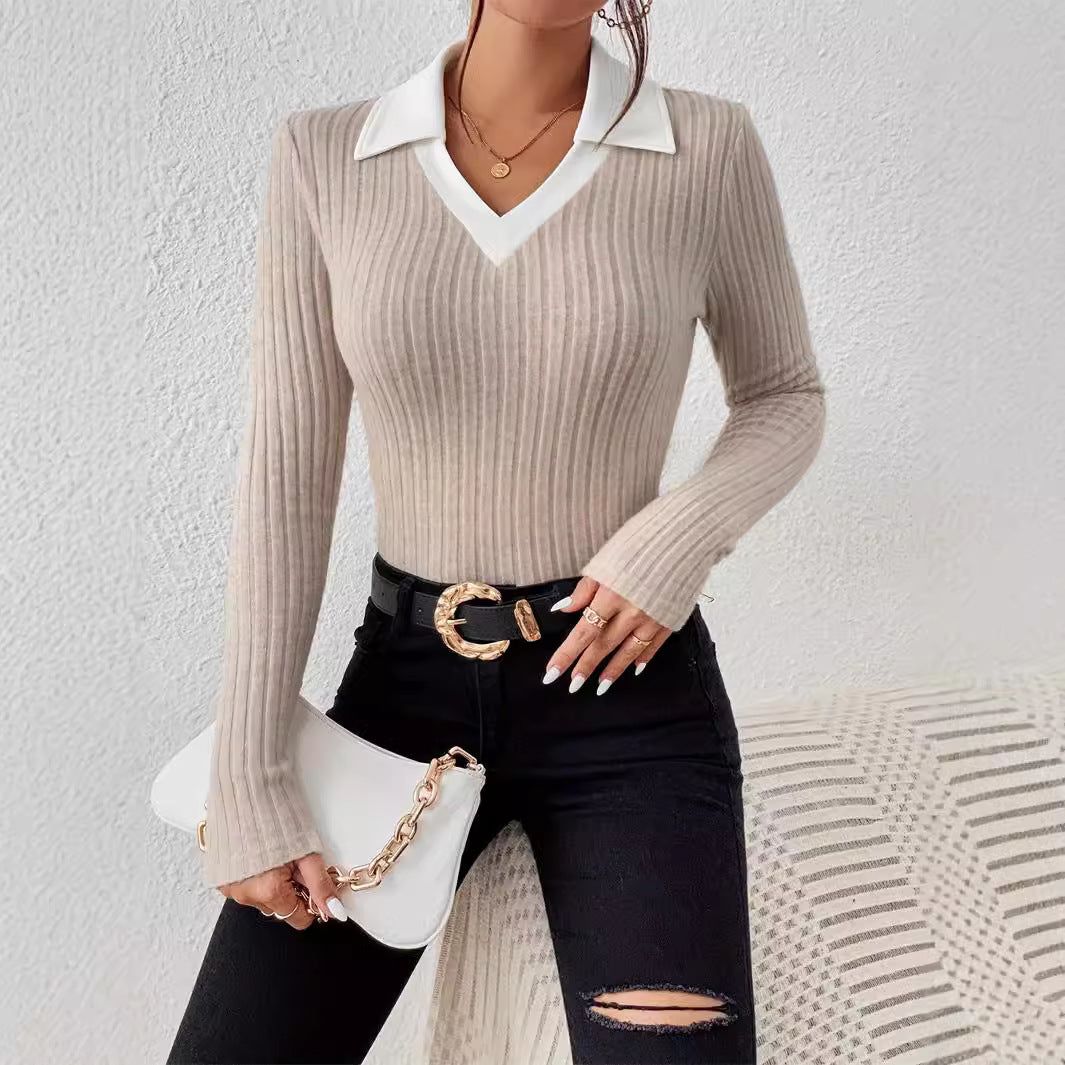Womens Fitted V Lapel Long Sleeve Pullover Sweater Apricot