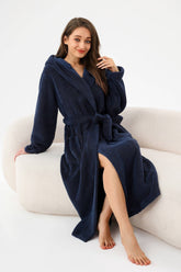 Womens Robe Long Hooded Plush Fleece Bathrobe with Pockets