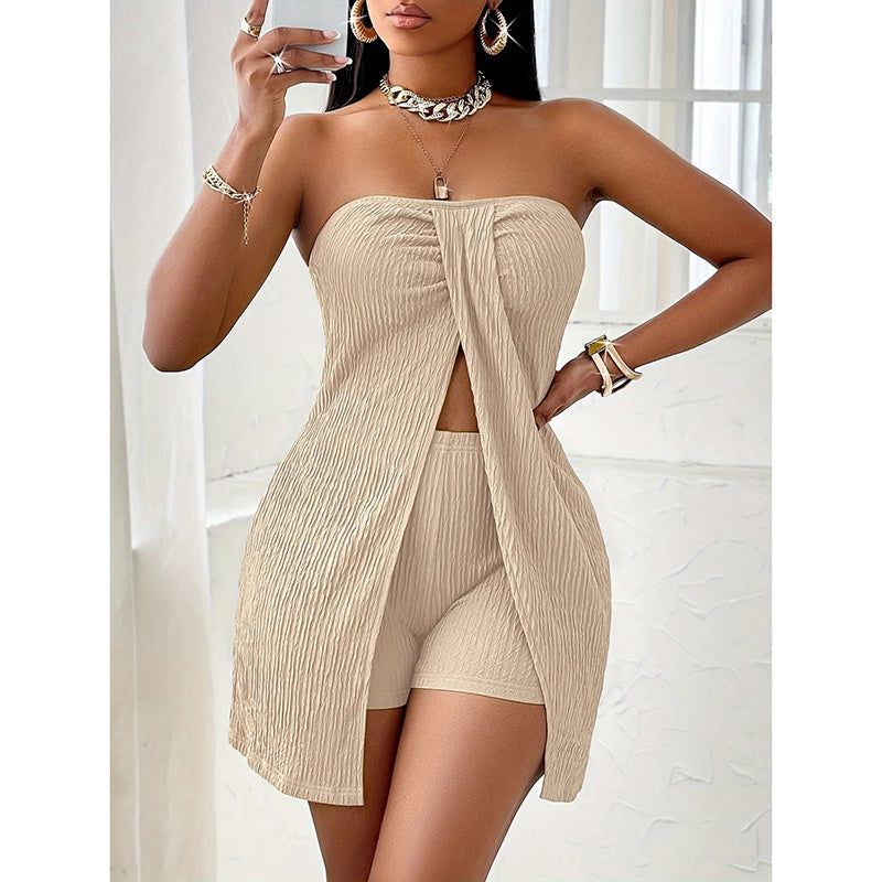 Two Piece Set Strapless Tube Top and High Waist Shorts