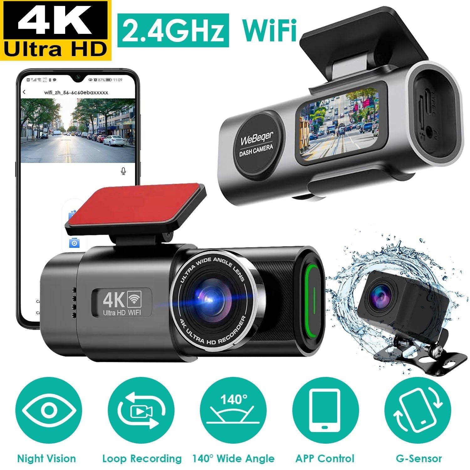 Dash Cam 4K Front 1080P Rear WiFi Mini Dual Camera