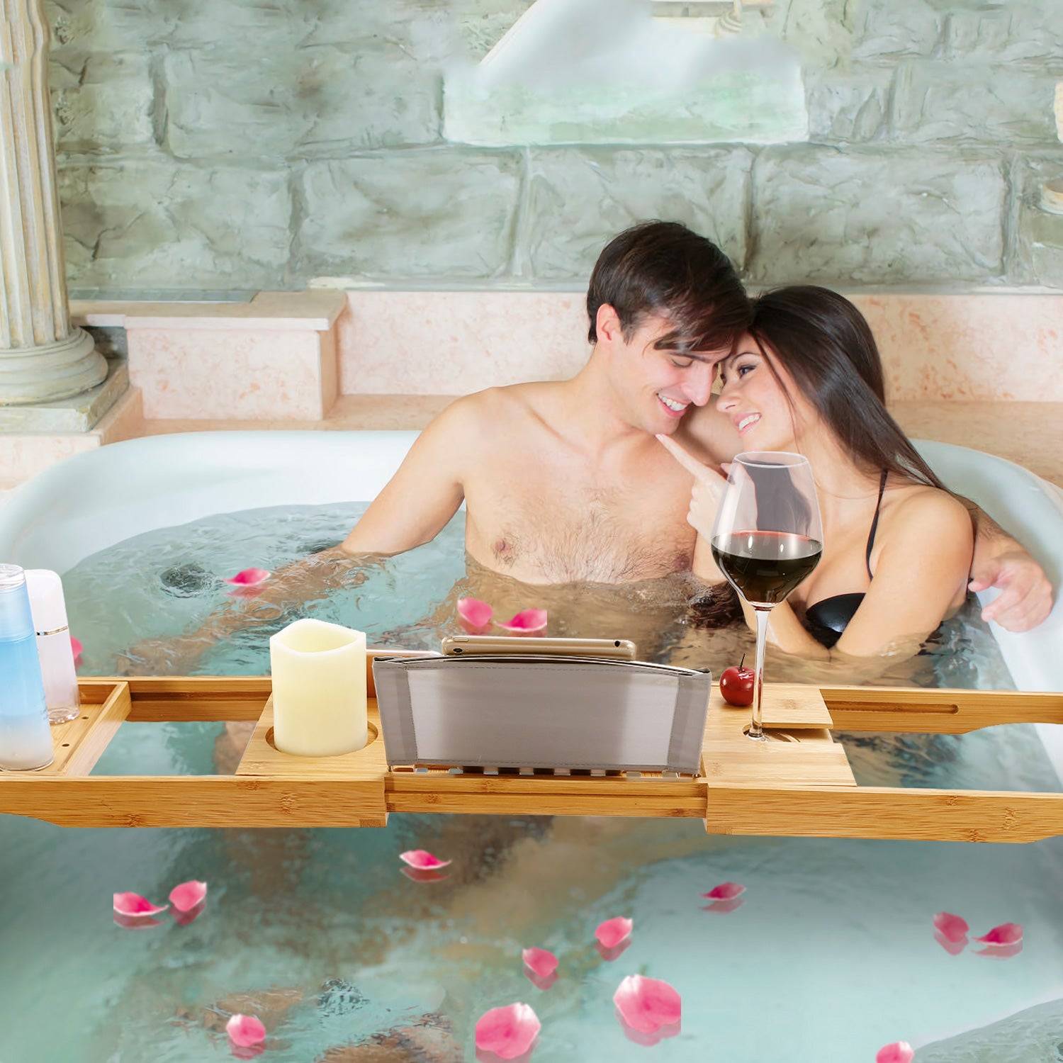 Extendable Bamboo Bath Tray with Holder