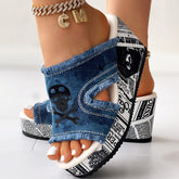 Platform Wedge Sandals with Buckle Strap and Printed Design