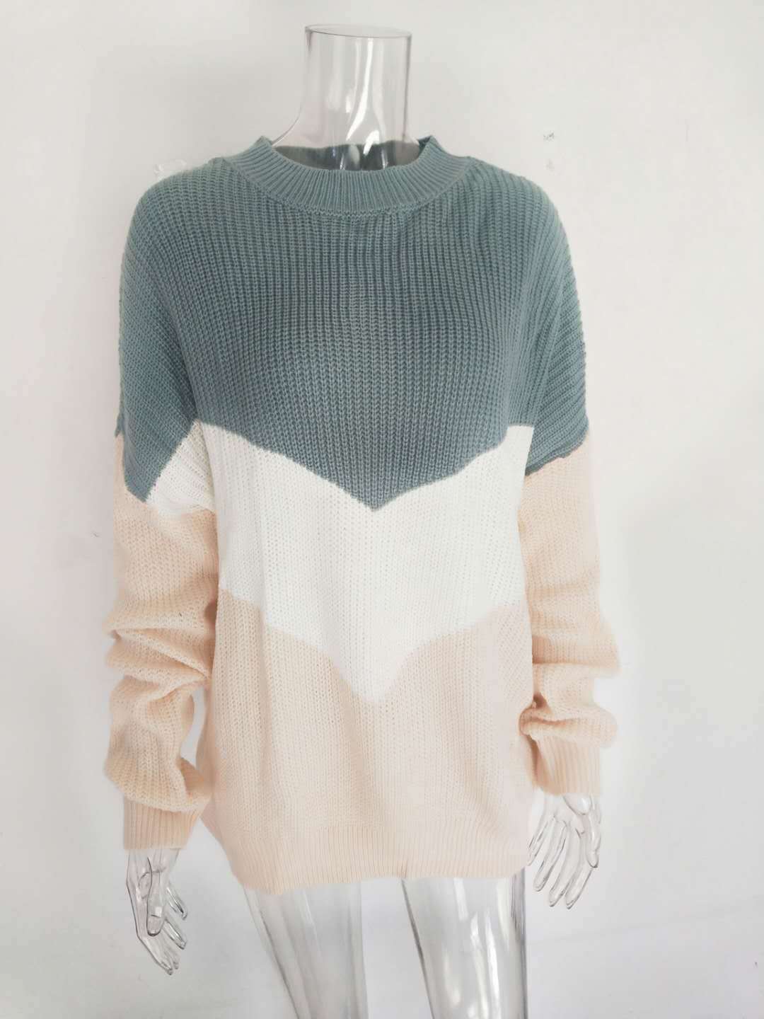 Tricolor Patchwork Knit Sweater Bat Sleeve Pullover
