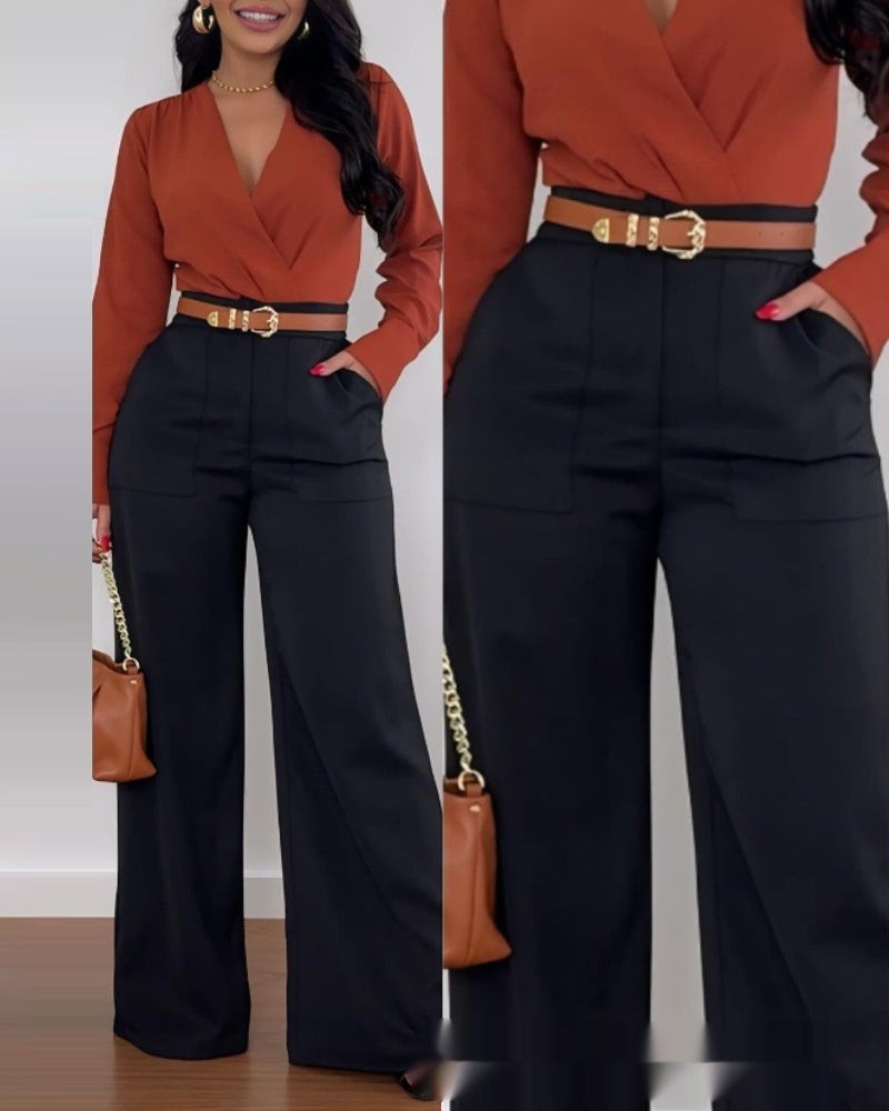 Women’s Solid Color Flared Pants Casual Polyester High Waist Versatile Commuting Style in Apricot or Black